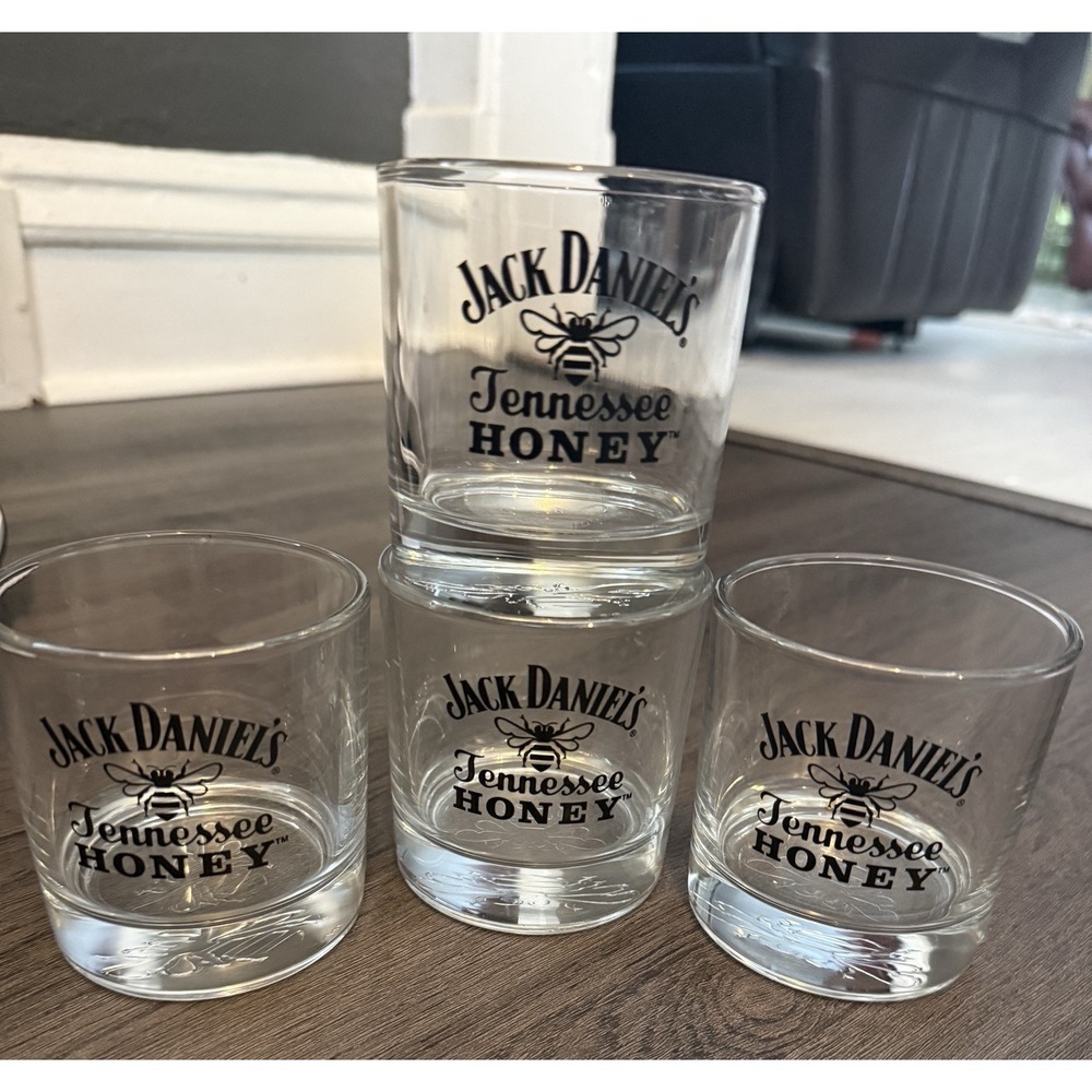 Jack Daniels Tennessee Honey Whisky Low Ball Drinking Glass Bee Set of 4